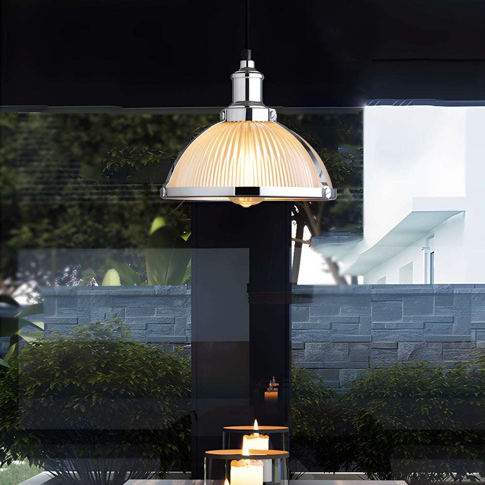 Candeeiro pendente retro com abajur de vidro riscado, 1 luz 40W, acabamento cromo e bronze