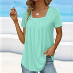 Blusa feminina manga curta com decote quadrado e detalhes franzidos