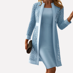 Conjunto feminino 2 peças vestido renda manga longa sobreposição elegante