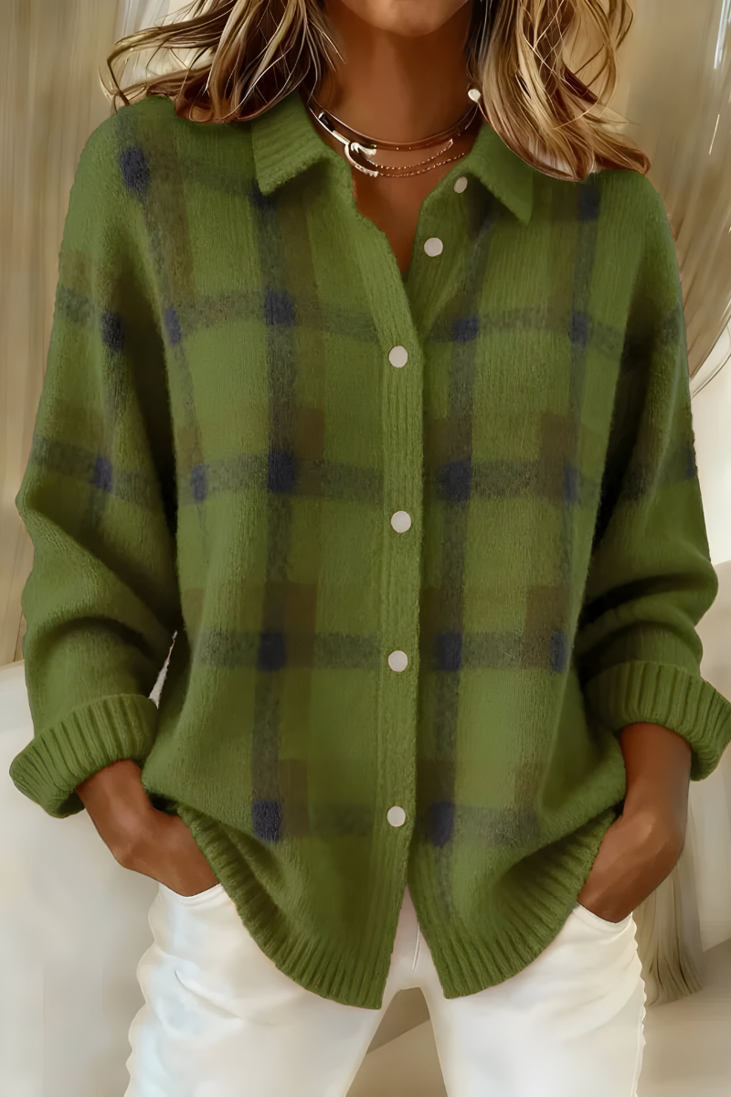 Cardigan feminino tricot xadrez com corte relaxado, estilo retro outono inverno
