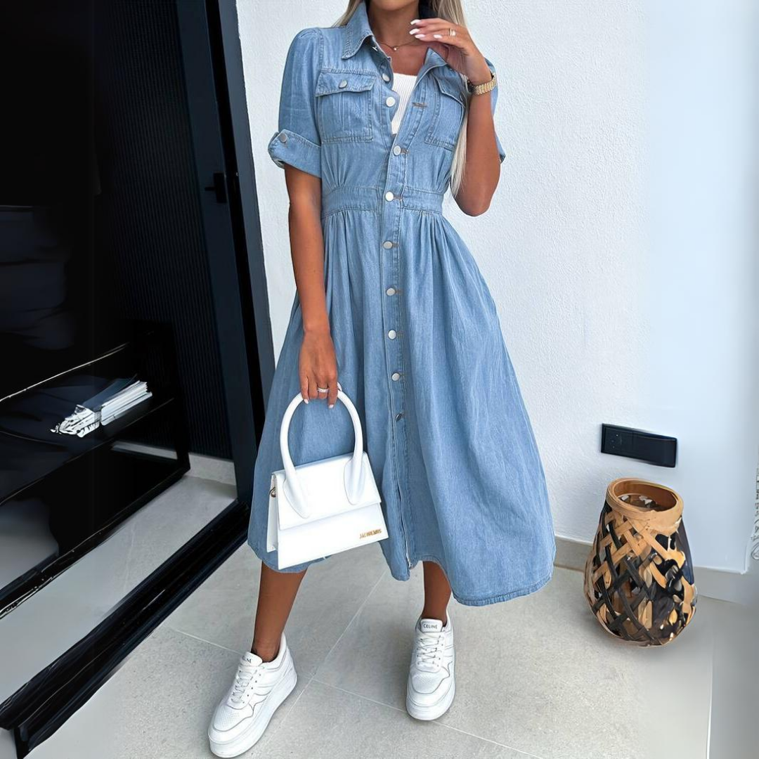 Vestido jeans mulher corte lisonjeiro estilo casual contemporâneo