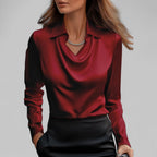 Blusa de cetim feminina com gola xale manga comprida