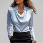 Blusa de cetim feminina com gola xale manga comprida