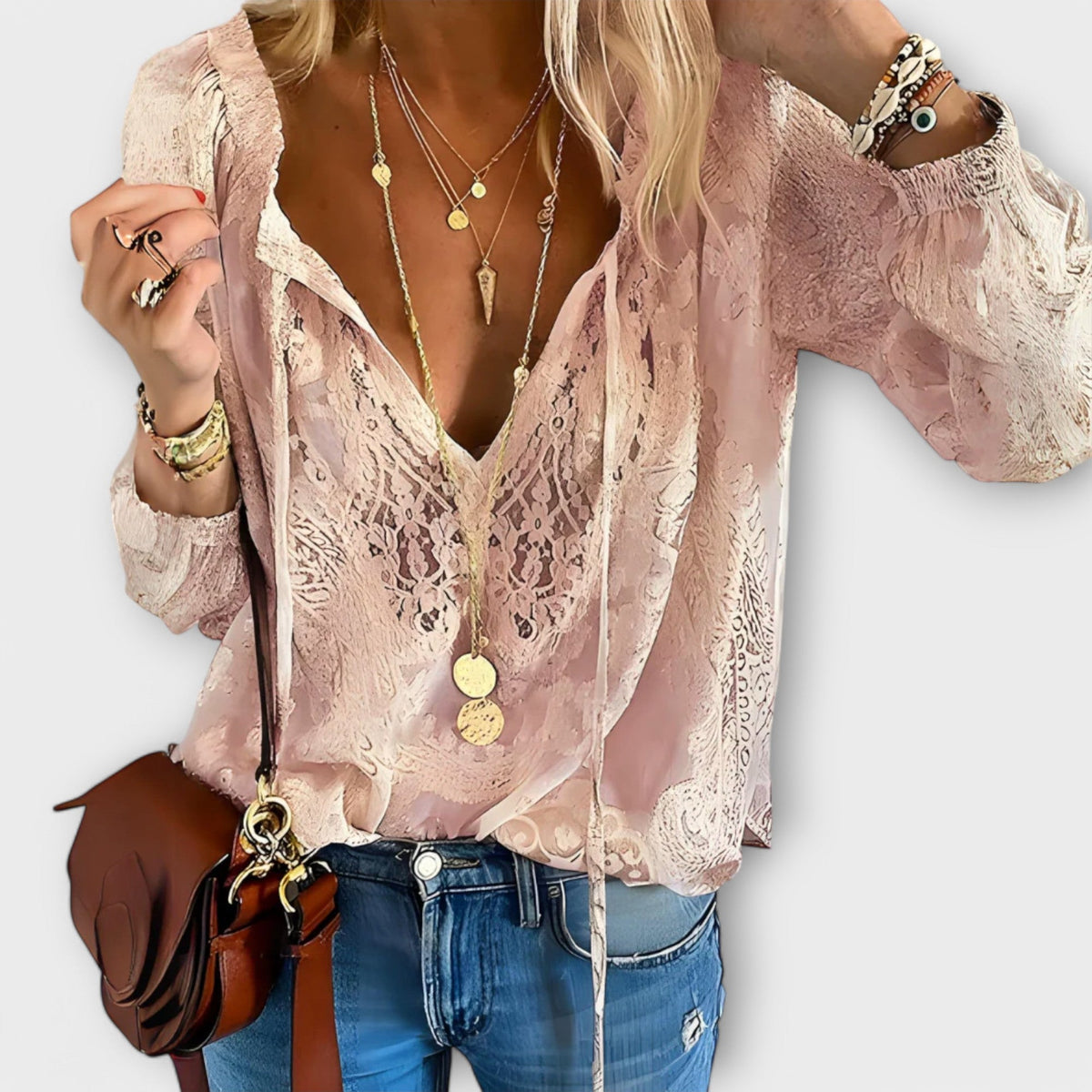 Blusa feminina bordada decote V mangas longas amplas com laços decorativos