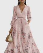 Vestido maxi floral manga longa decote V plissado com laço na cintura feminino