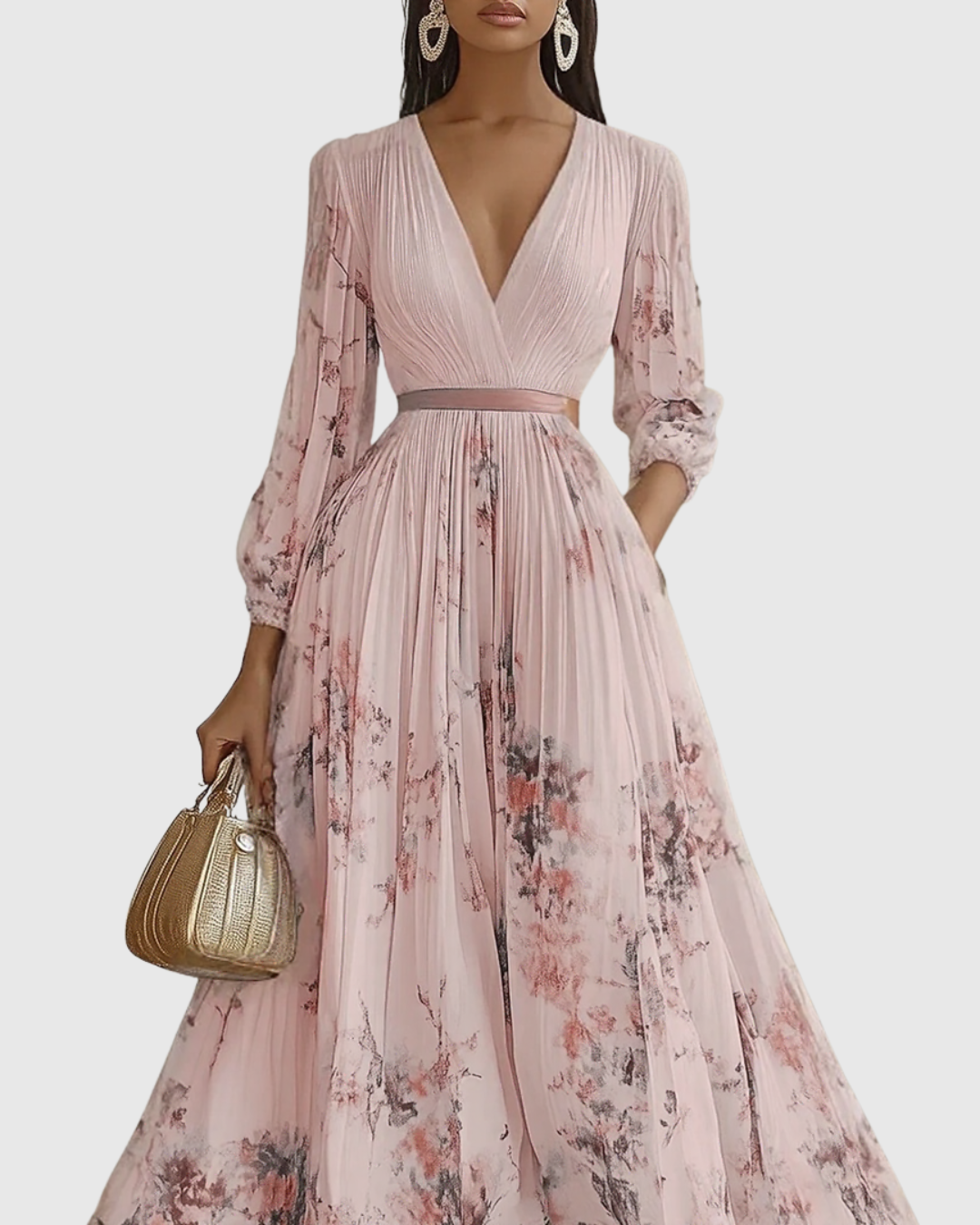 Vestido maxi floral manga longa decote V plissado com laço na cintura feminino
