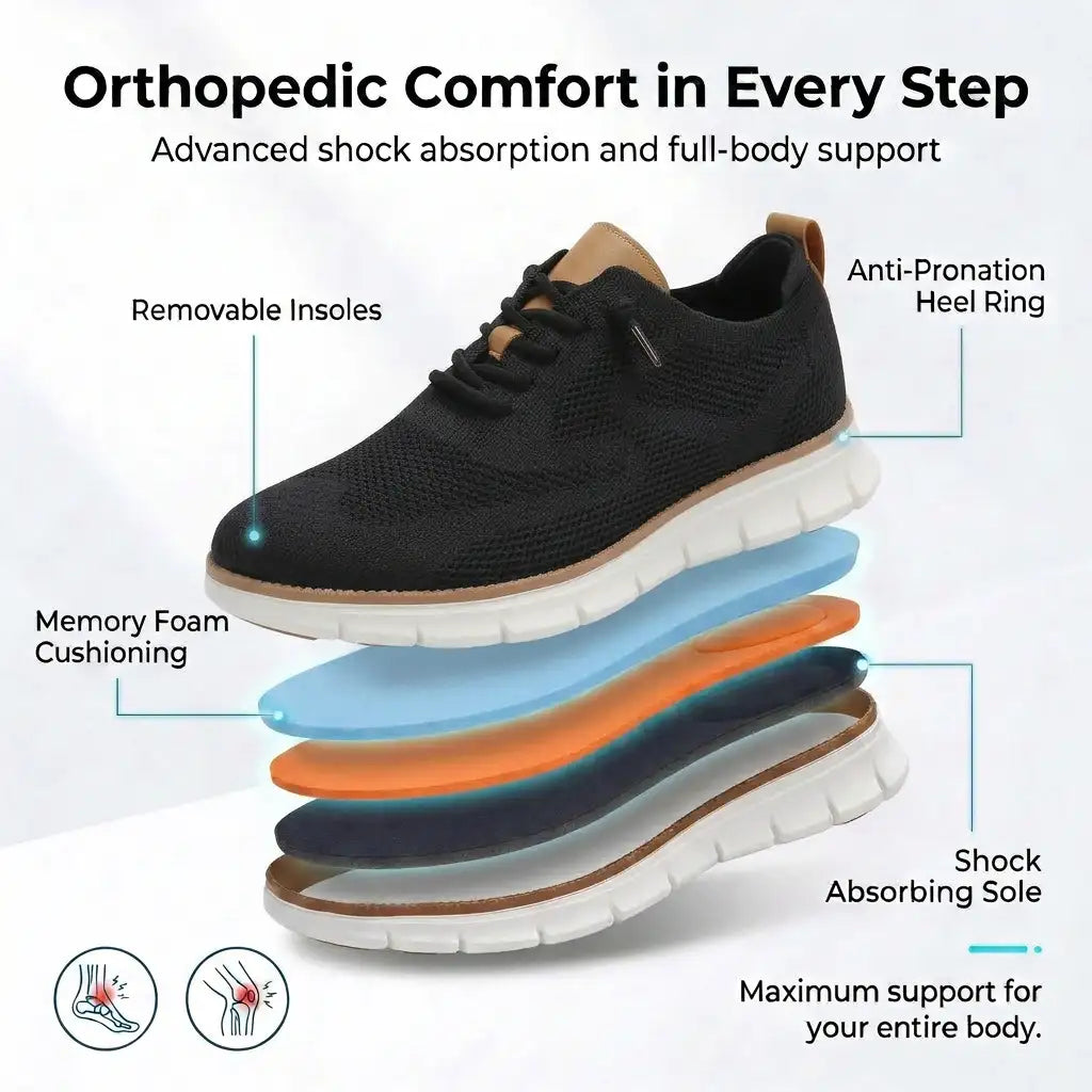 Sapato ortopédico masculino knit derby antiderrapante com suporte de arco