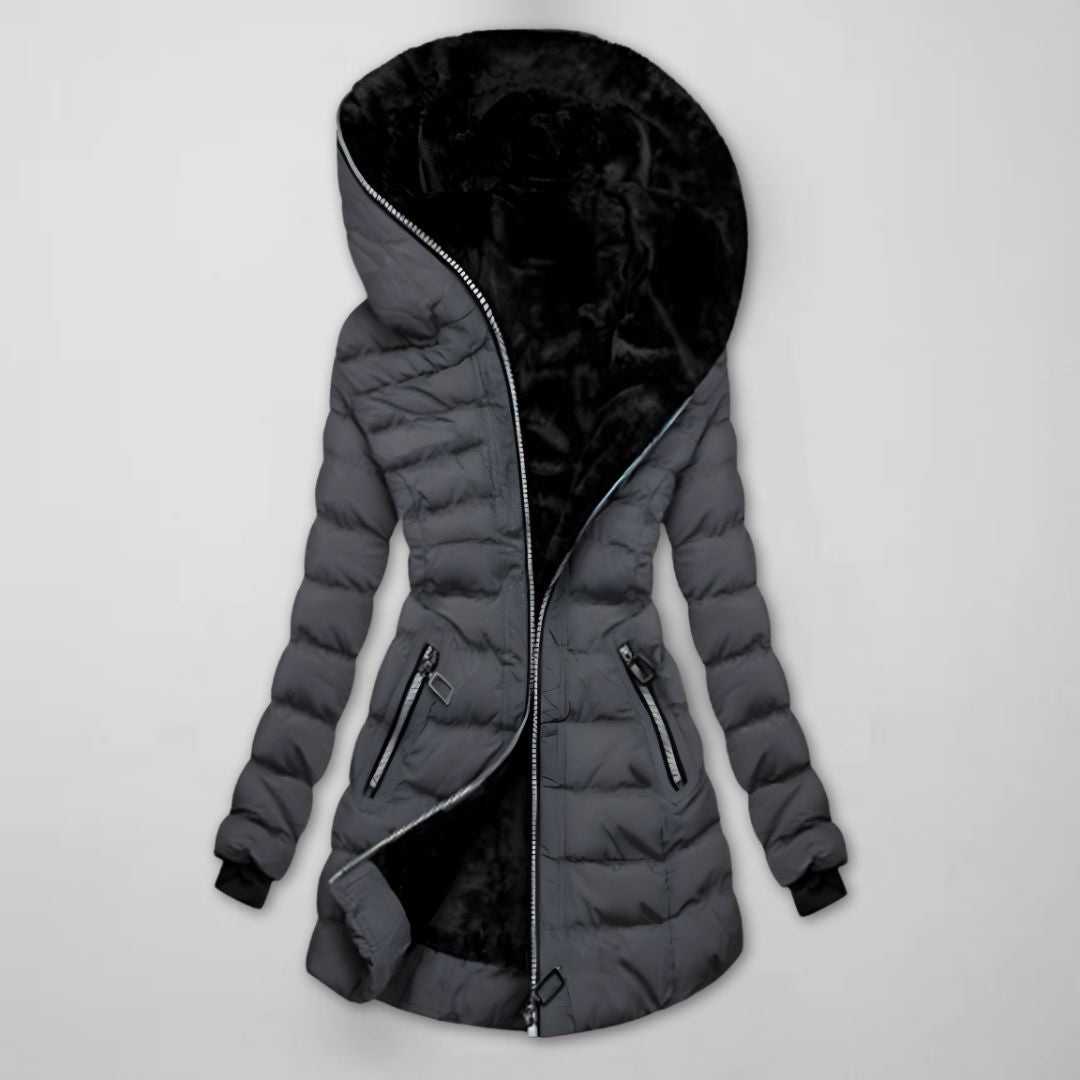 Casaco longo acolchoado de inverno com capuz para mulher