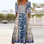 Vestido midi feminino estampado boho com decote quadrado e manga curta