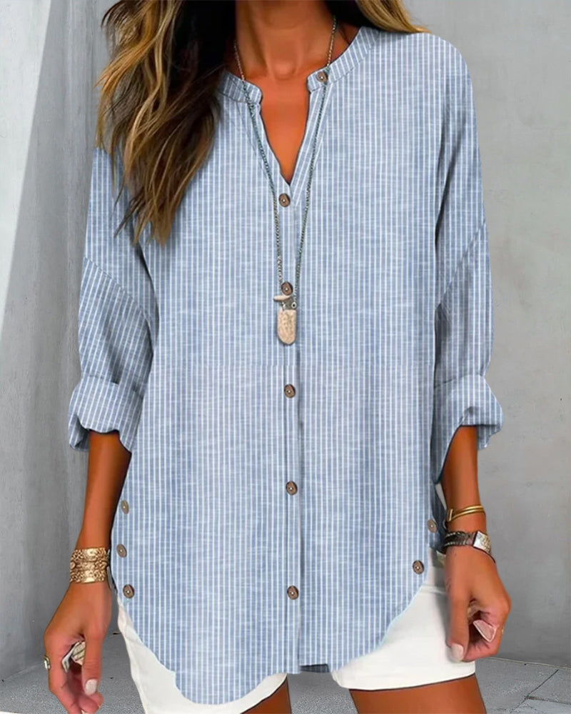 Blusa feminina manga longa listrada decote V com botões corte folgado