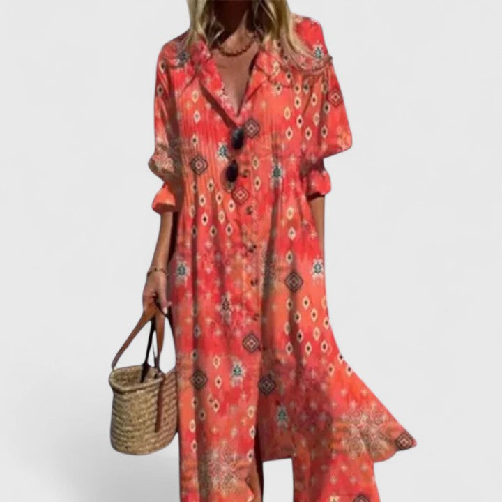Vestido maxi feminino boho estampado com meia manga em cores vibrantes