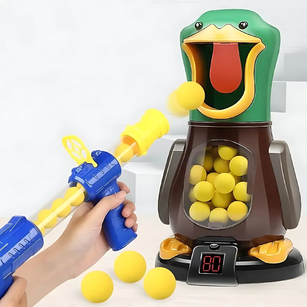 Jogo de tiro com pato andador, pistola de ar e balas macias com luzes e movimento