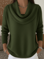 Camisola feminina lã merino gola cowl drapeada corte relaxado