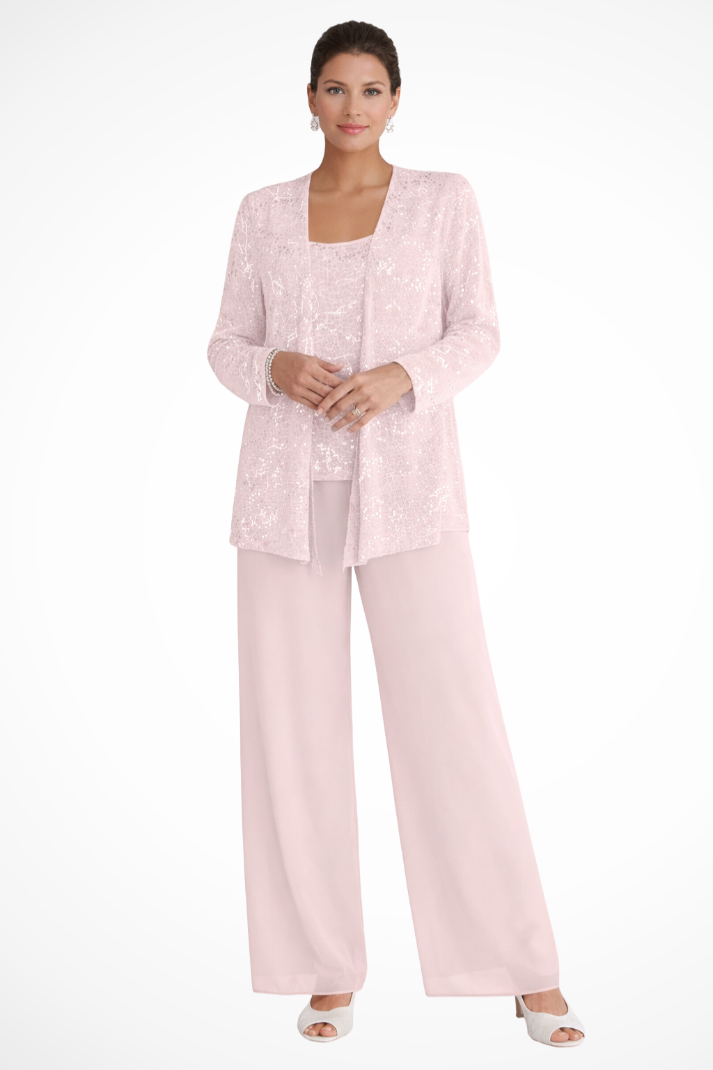 Conjunto feminino 3 peças renda lantejoulas casaco e calça perna larga