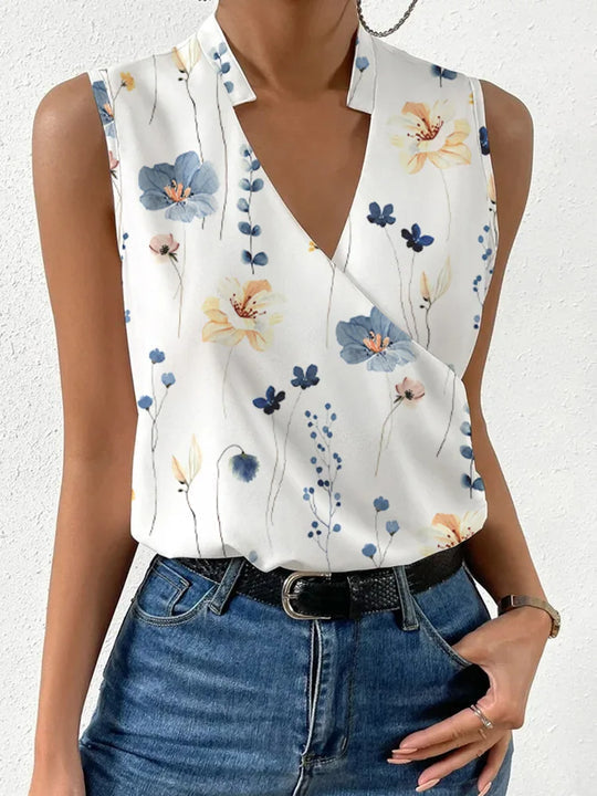 Blusa feminina decote V leve e respirável, sem mangas, estampada floral e cores sólidas