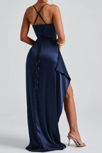 Vestido maxi feminino alças finas franzido com fenda alta lateral