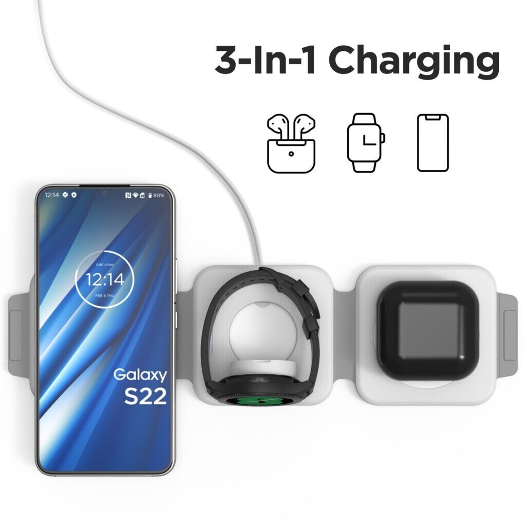 Carregador de viagem 3 em 1 sem fios Qi dobrável compacto com USB duplo