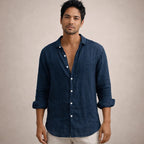 Camisa de linho homem casual manga longa corte direito