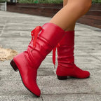 Botins femininos salto bloco com cadarço decorativo e cano slouchy