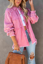 Jaqueta jeans oversized com franjas decorativas estilo casual feminino