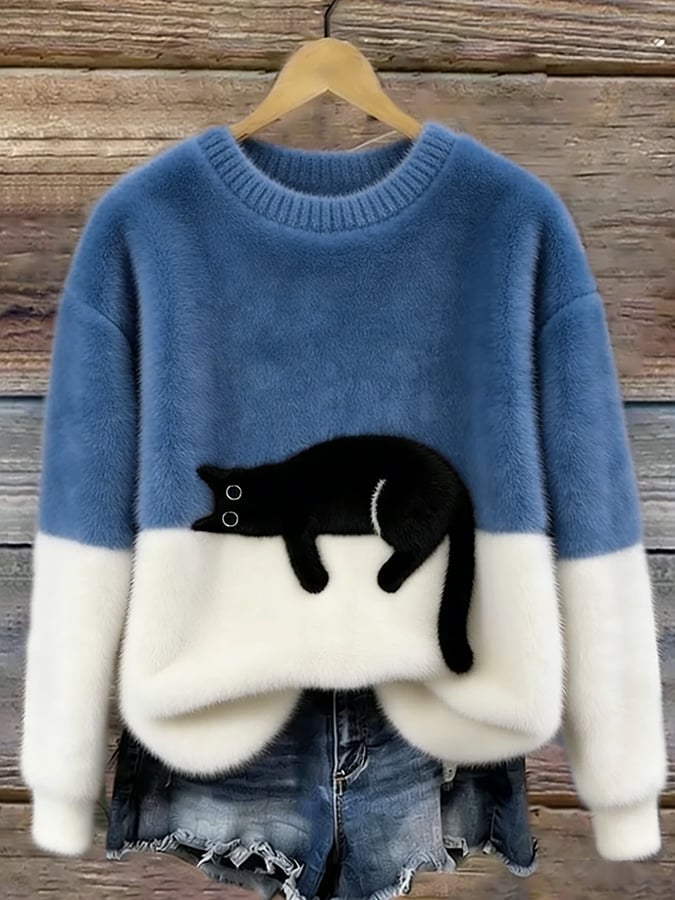 Camisola de malha color block com motivo de gato, corte relaxado verde e branco