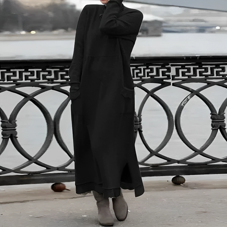 Vestido de inverno feminino malha midi com fenda lateral e bolsos