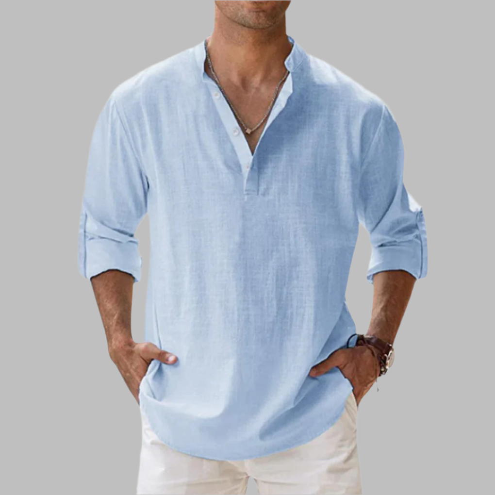 Camisa de linho masculina relaxed fit com gola clássica e botões