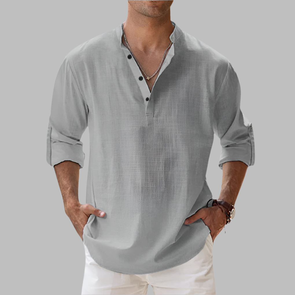 Camisa de linho masculina relaxed fit com gola clássica e botões