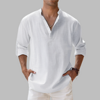 Camisa de linho masculina relaxed fit com gola clássica e botões