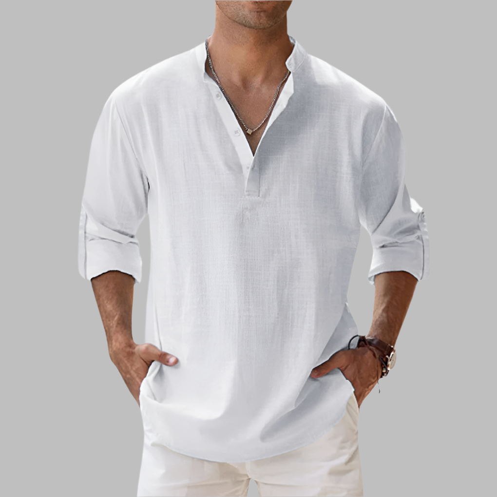 Camisa de linho masculina relaxed fit com gola clássica e botões