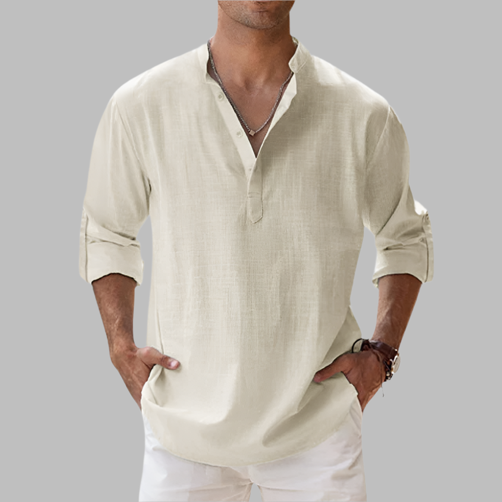 Camisa de linho masculina relaxed fit com gola clássica e botões