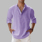Camisa de linho masculina relaxed fit com gola clássica e botões
