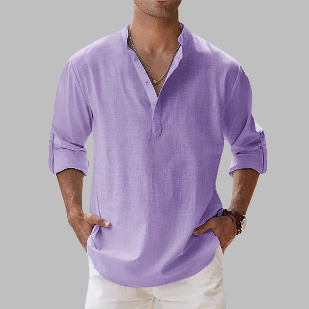 Camisa de linho masculina relaxed fit com gola clássica e botões