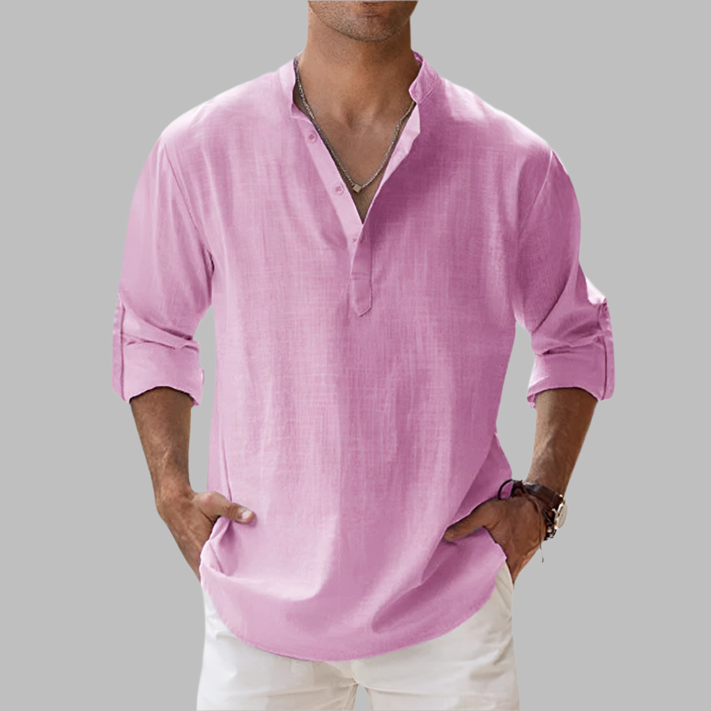 Camisa de linho masculina relaxed fit com gola clássica e botões