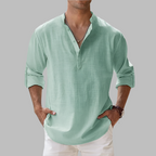 Camisa de linho masculina relaxed fit com gola clássica e botões