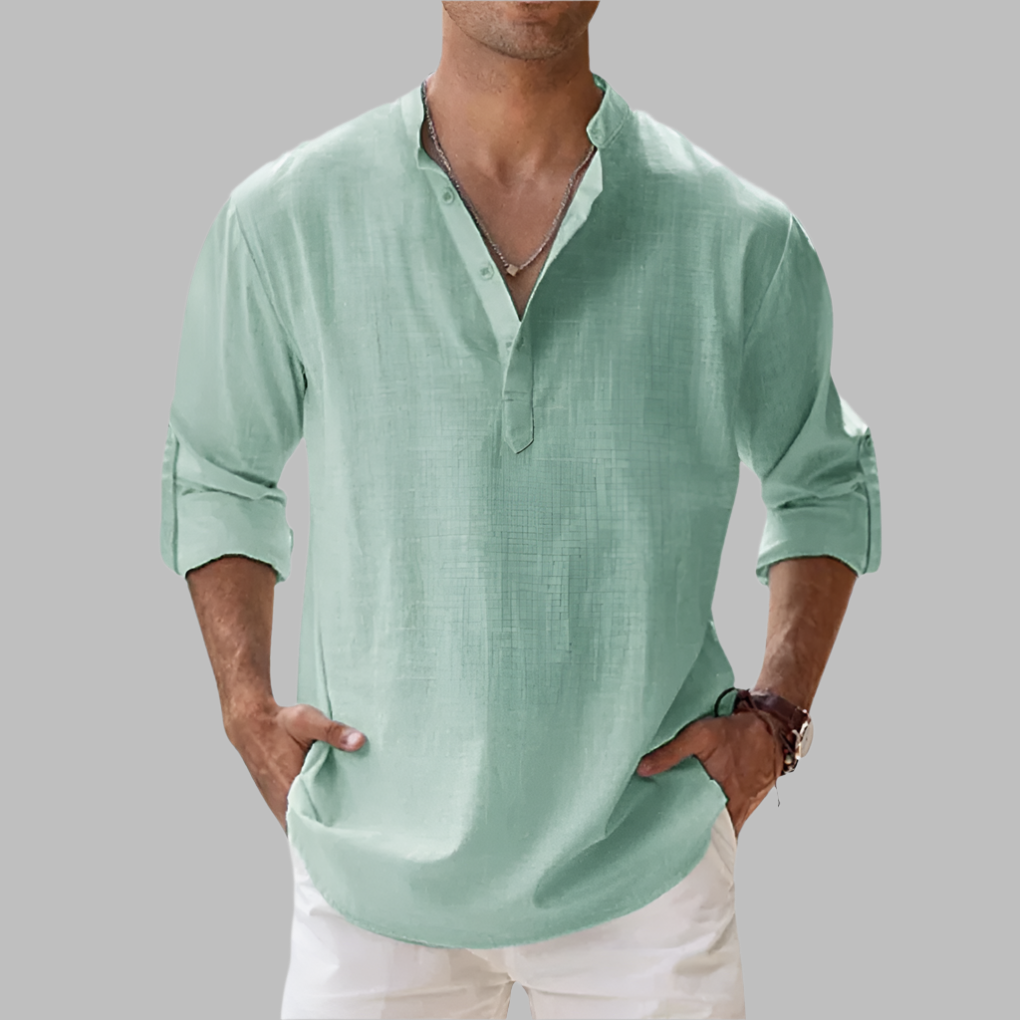 Camisa de linho masculina relaxed fit com gola clássica e botões
