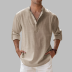 Camisa de linho masculina relaxed fit com gola clássica e botões