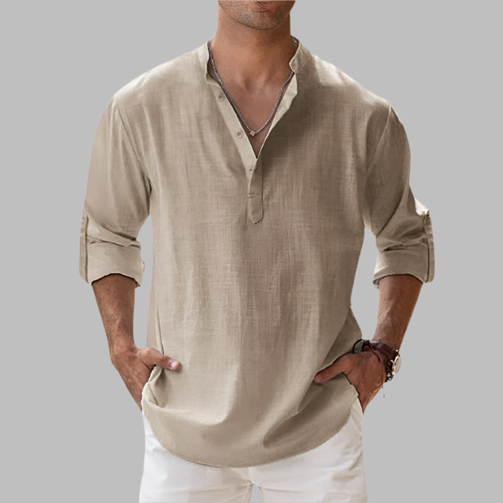 Camisa de linho masculina relaxed fit com gola clássica e botões