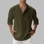 Camisa de linho masculina relaxed fit com gola clássica e botões