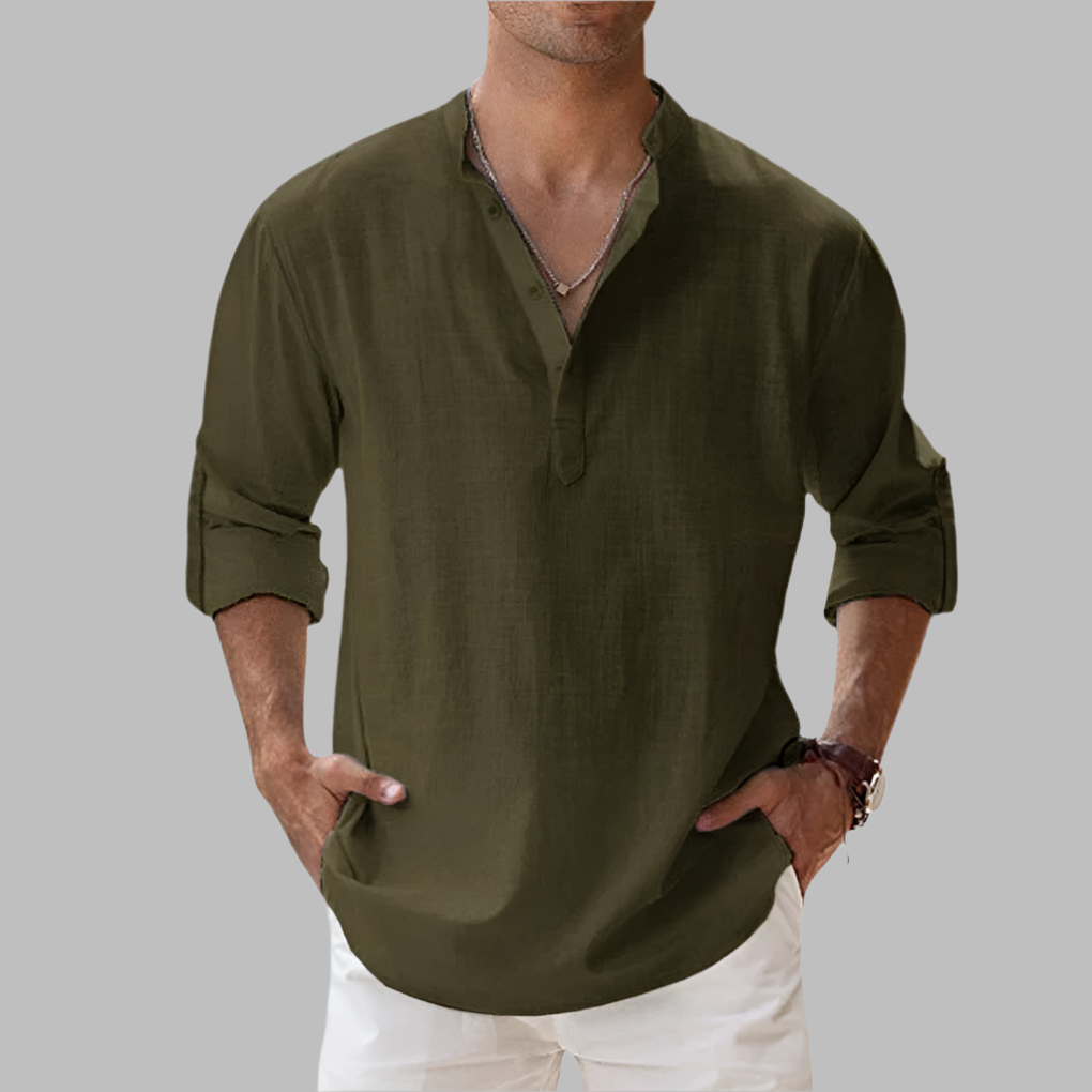 Camisa de linho masculina relaxed fit com gola clássica e botões