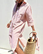 Vestido midi camiseiro às riscas com botões para mulher, corte solto outono inverno