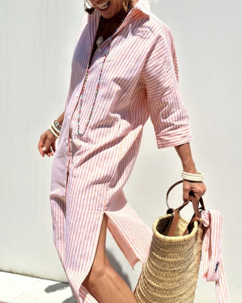 Vestido midi camiseiro às riscas com botões para mulher, corte solto outono inverno