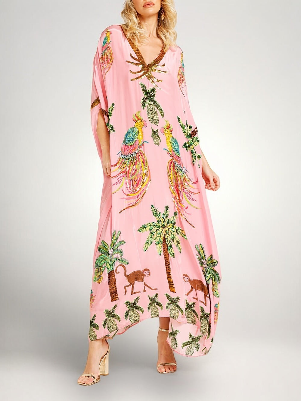 Vestido feminino estampa coqueiro ombro caído com detalhe de lantejoulas