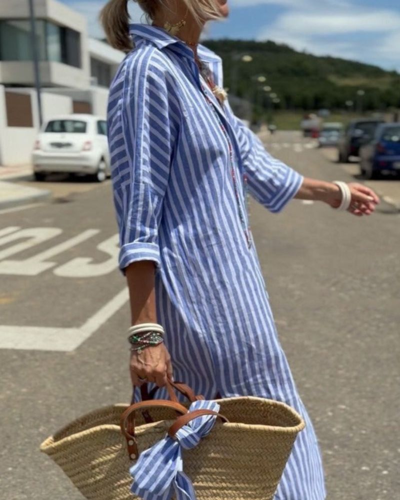 Vestido midi camiseiro às riscas com botões para mulher, corte solto outono inverno