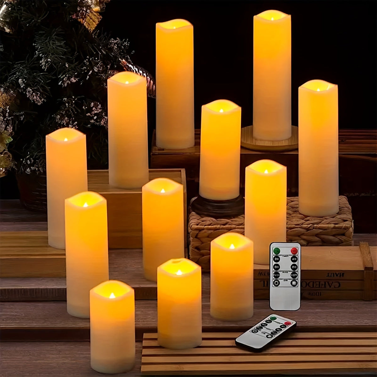 Velas LED sem chama impermeáveis cor marfim, 12 unidades com telecomando e temporizador
