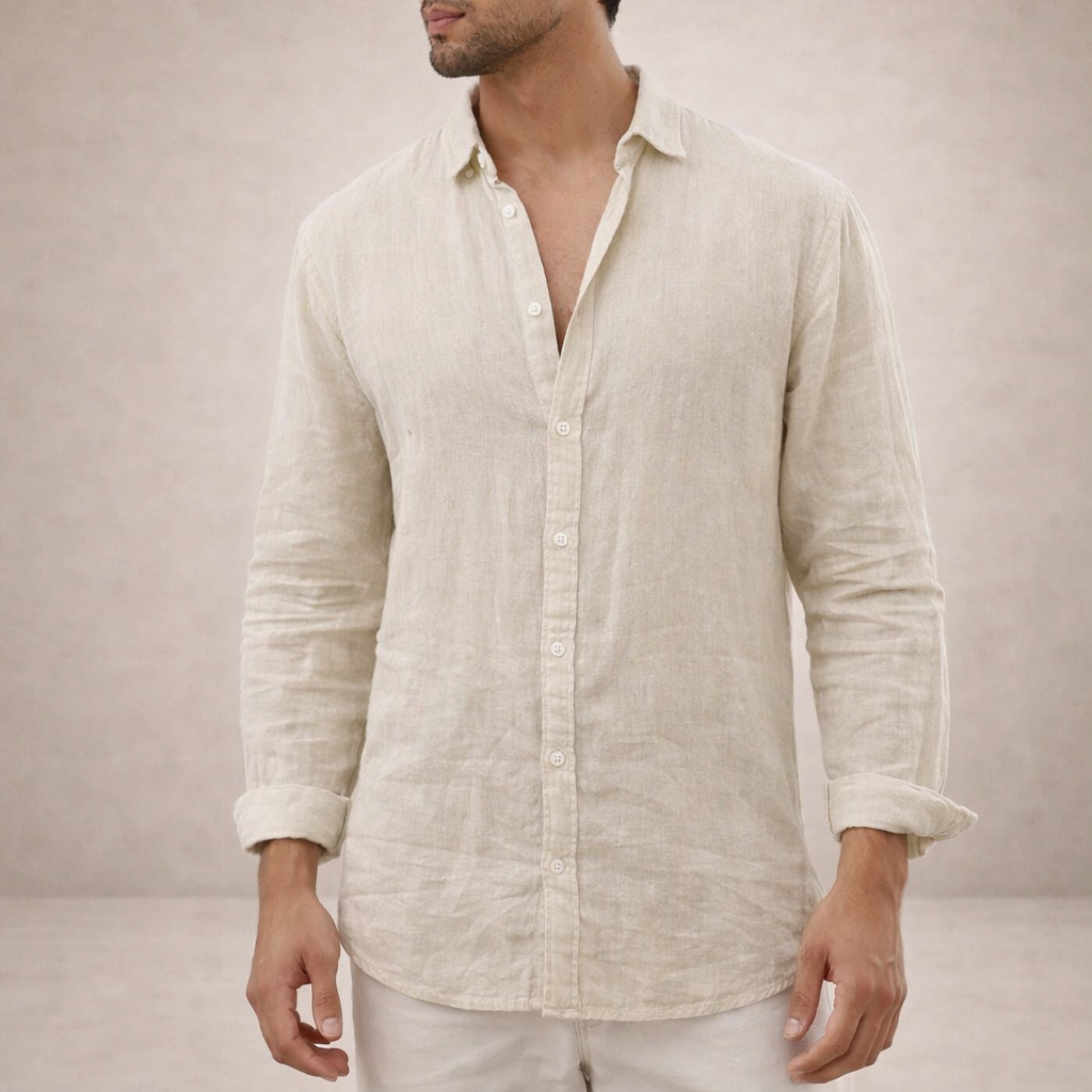 Camisa de linho homem casual manga longa corte direito