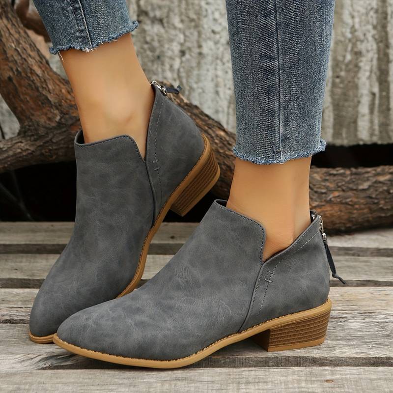 Bota feminina bico fino salto bloco baixo cano curto em várias cores