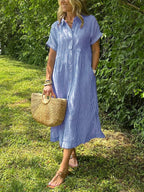 Vestido longo feminino maxi com botões frontais e mangas curtas
