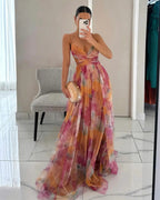 Vestido longo floral feminino com silhueta fluida e fecho ajustável