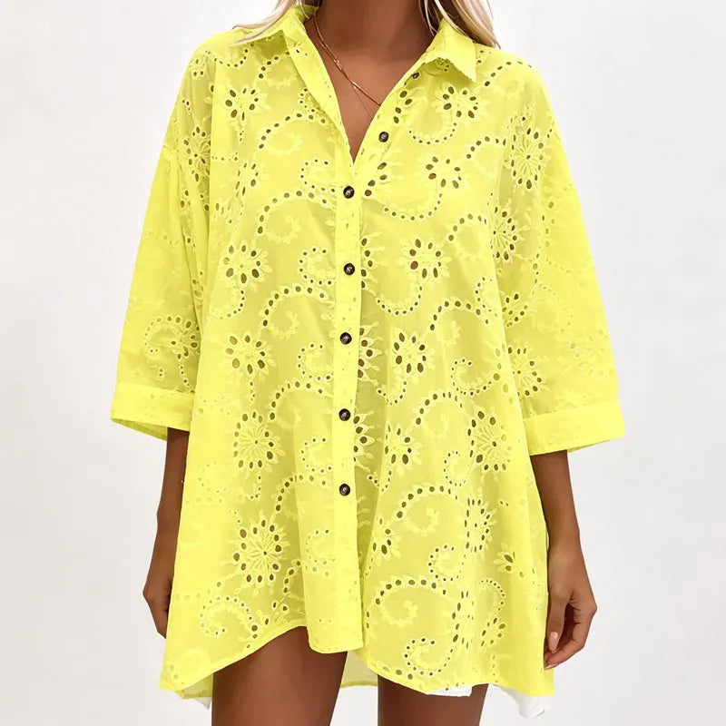 Vestido bordado com botões oversized feminino midi
